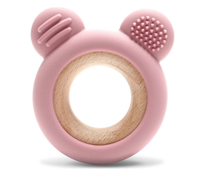 LORELLI SILIKONSKO DRVENA GLODALICA ZA BEBE BEAR - NATURAL DEEP PINK