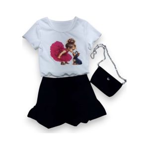 KOMPLET KRATKI RUKAV ZA DEVOJCICE TRODELNI SA SUKNJICOM I TORBICOM VEL.4-14G