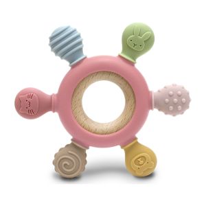 LORELLI SILIKONSKO DRVENA GLODALICA ZA BEBE RUDDER - NATURAL DEEP PINK